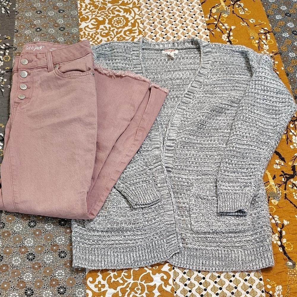 Cat & Jack Open Cardigan And Flare Jeans Set Pink And Gray Size 10-12